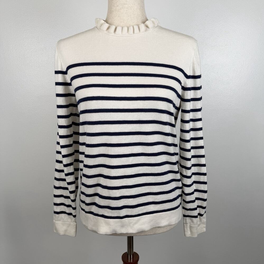 J.Crew Women’s Medium Cream Navy Striped Ruffle Neck Cotton Sweater Preppy